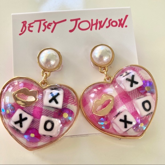 Betsey Johnson Jewelry - Betsey Johnson XOXO heart drop earrings lips gingham dice NWT 387210C651 pink